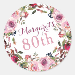 Paarse Roze Roze Bloemen 80ste Verjaardag Ronde Sticker