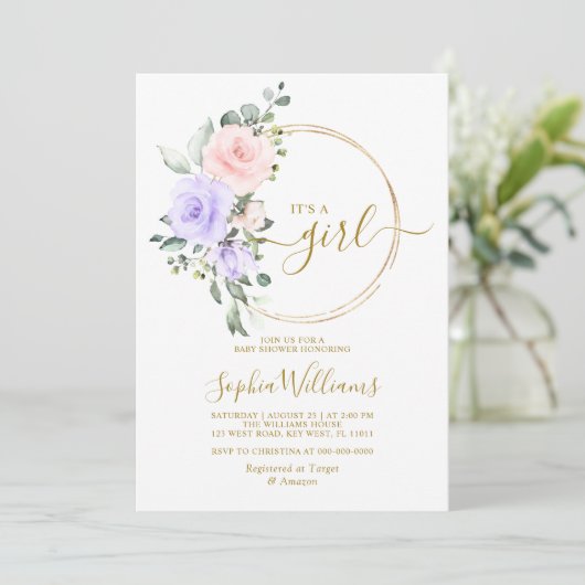 Paarse roze roze en goudvormig Baby shower Kaart (Staand voorkant)