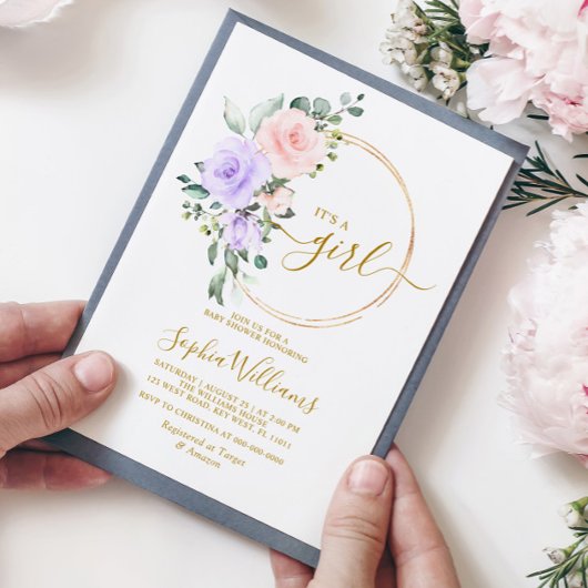 Paarse roze roze en goudvormig Baby shower Kaart