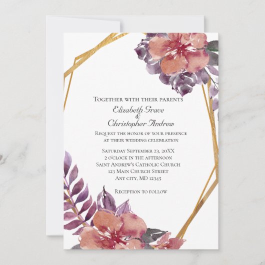 Paarse roze roze Flora Waterverf gouden bruiloft Kaart (Voorkant)