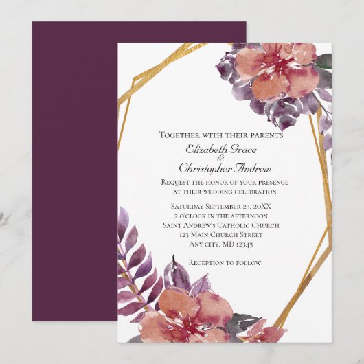 Paarse roze roze Flora Waterverf gouden bruiloft Kaart (Voorkant / Achterkant)