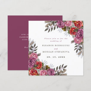 Paarse roze roze roodroos bouquet bruiloft uitnodi kaart