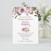 Paarse roze roze roze 80ste verjaardag Uitnodiging (Staand voorkant)