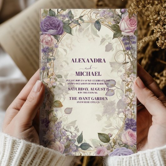  Paarse Roze Rozen Bloemenbruiloft Kaart