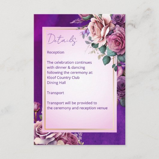 Paarse roze  rozen elegante bruiloft informatiekaartje (Voorkant)