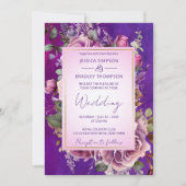 Paarse roze  rozen elegante bruiloft kaart (Voorkant)