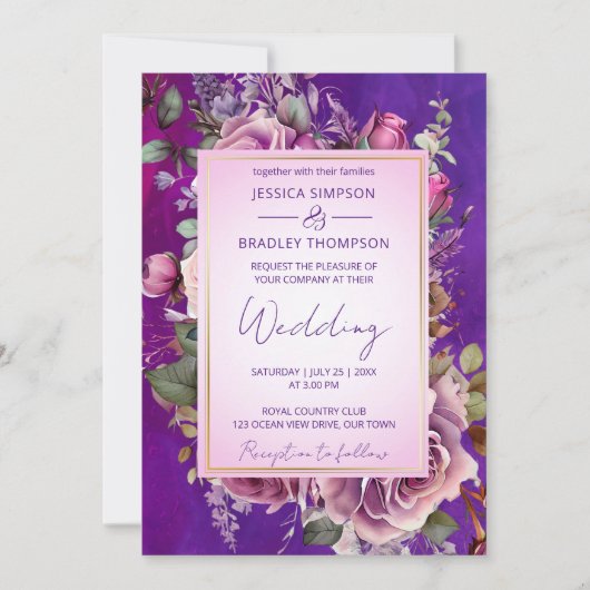 Paarse roze  rozen elegante bruiloft kaart (Voorkant)