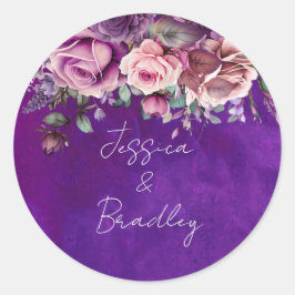 Paarse roze  rozen elegante bruiloft ronde sticker