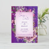 Paarse roze  rozen elegante bruiloft save the date (Staand voorkant)