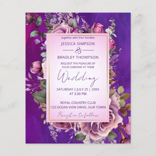 Paarse roze rozen elegante budget bruiloft uitnodi