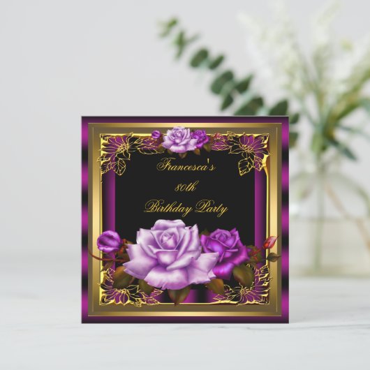 Paarse roze Rozen Gold Elegant Birthday 5 Kaart (Staand voorkant)