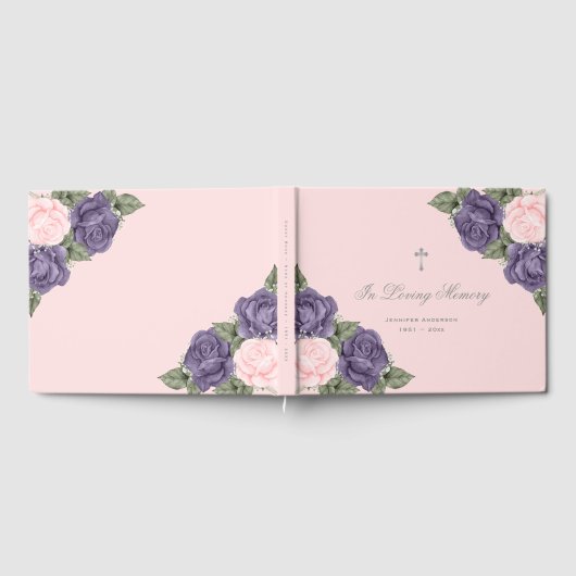 Paarse roze rozen Silver Floral Memorial Funeral Gastenboek (Volledig)