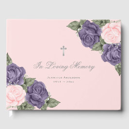Paarse roze rozen Silver Floral Memorial Funeral Gastenboek