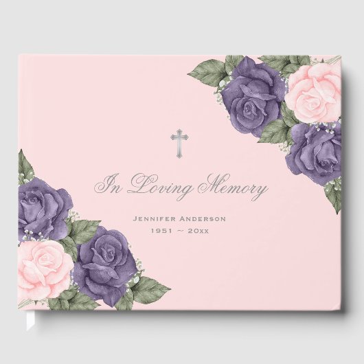 Paarse roze rozen Silver Floral Memorial Funeral Gastenboek (Voorkant)