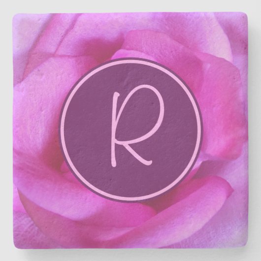 Paarse roze rozenbloem monogram initiaal modern stenen onderzetter (Voorkant)