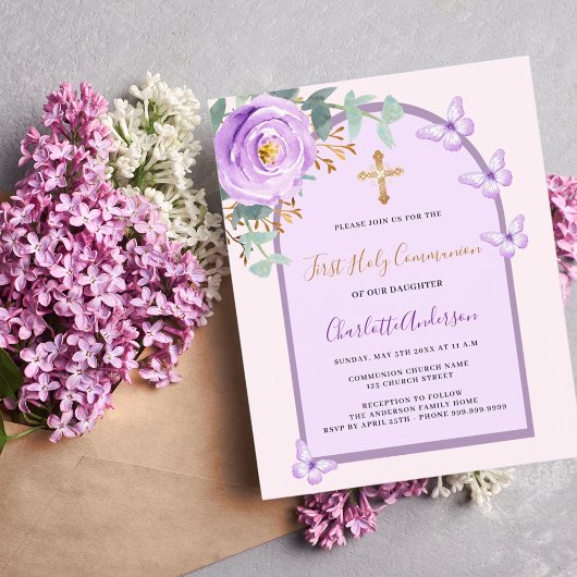 Paarse roze rozenvlinders boog Eerste Communie