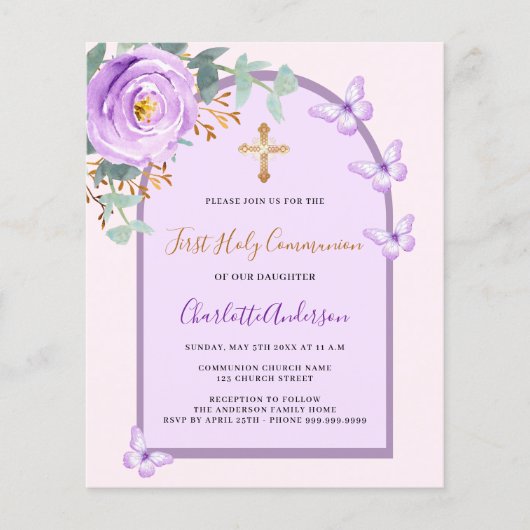 Paarse roze rozenvlinders boog Eerste Communie (Voorkant)