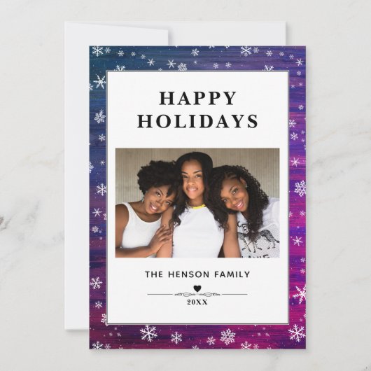 Paarse roze Rustige Wood Snowflake kerstfoto Feestdagenkaart (Voorkant)