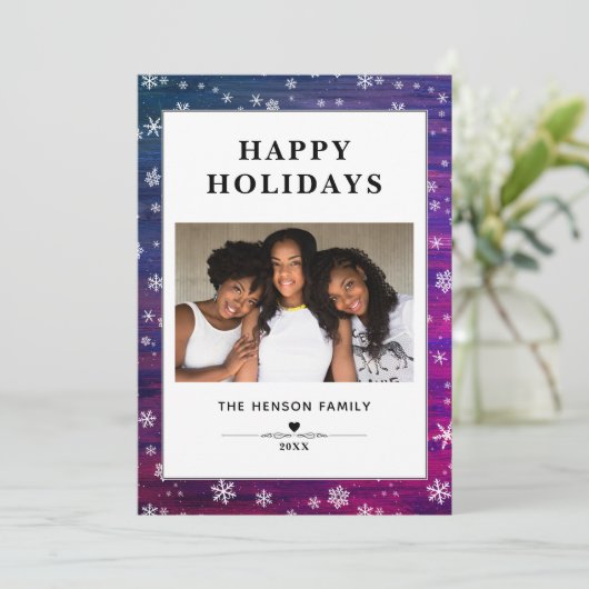 Paarse roze Rustige Wood Snowflake kerstfoto Feestdagenkaart (Staand voorkant)