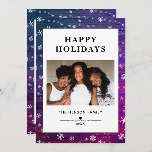 Paarse roze Rustige Wood Snowflake kerstfoto Feestdagenkaart (Voorkant / Achterkant)