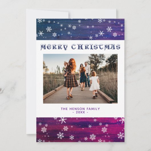 Paarse roze Rustige Wood Snowflake kerstfoto Feestdagenkaart (Voorkant)