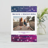 Paarse roze Rustige Wood Snowflake kerstfoto Feestdagenkaart (Staand voorkant)