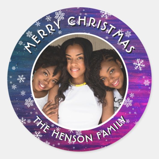Paarse roze Rustige Wood Snowflake kerstfoto Ronde Sticker (Voorkant)