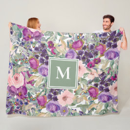 Paarse Roze Salie Groene Boho Bloemen Monogram Fleece Deken