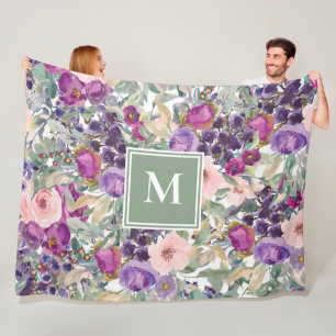 Paarse Roze Salie Groene Boho Bloemen Monogram Fleece Deken