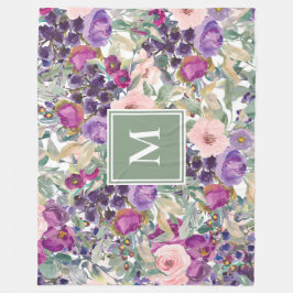 Paarse Roze Salie Groene Boho Bloemen Monogram Fleece Deken