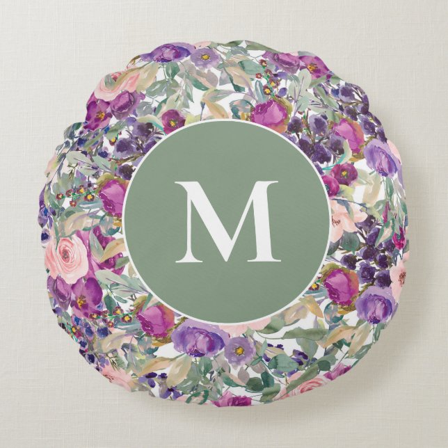 Paarse Roze Salie Groene Boho Bloemen Rond Kussen (Voorkant)