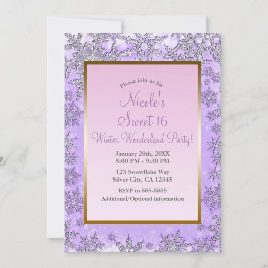 Paarse & Roze Sneeuwvlokken Winter Wonderland Part Kaart (Voorkant)