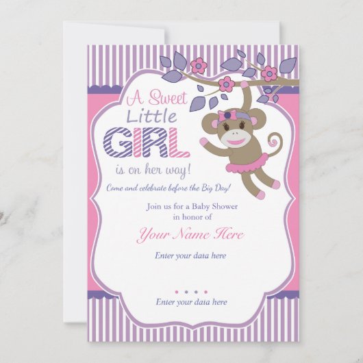 Paarse Roze Sock Monkey Baby shower Invitation Kaart (Voorkant)