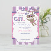 Paarse Roze Sock Monkey Baby shower Invitation Kaart (Staand voorkant)