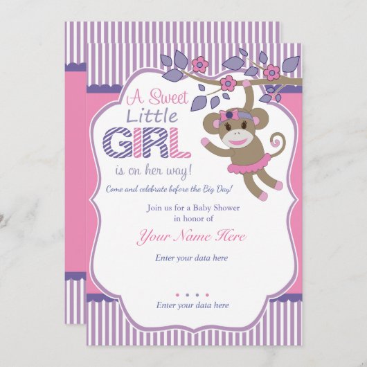 Paarse Roze Sock Monkey Baby shower Invitation Kaart (Voorkant / Achterkant)