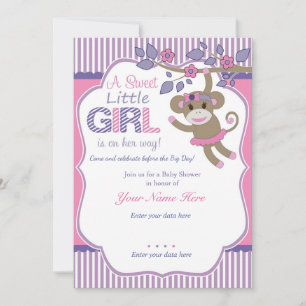 Paarse Roze Sock Monkey Baby shower Invitation Kaart