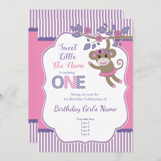 Paarse roze sok aap verjaardagsuitnodiging kaart (Voorkant / Achterkant)