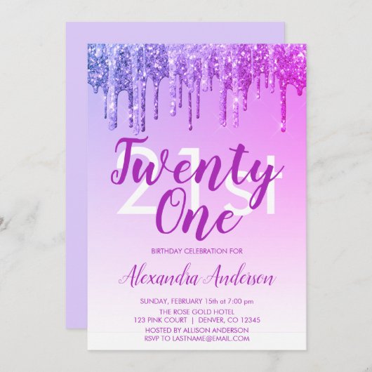 Paarse roze sparkle Glitter 21st Birthday Party Kaart (Voorkant / Achterkant)