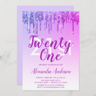 Paarse roze sparkle Glitter 21st Birthday Party Kaart