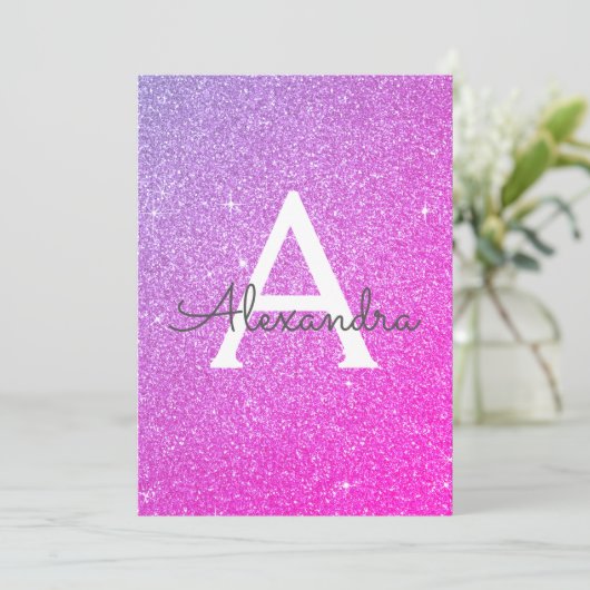 Paarse Roze Sparkle Glitter Doopuitnodiging Kaart (Staand voorkant)