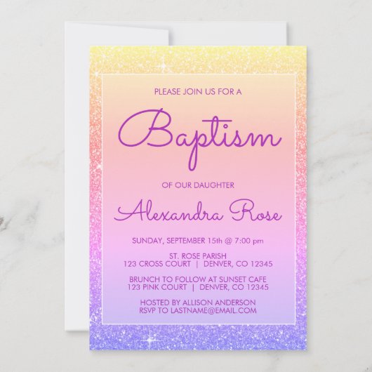 Paarse Roze Sparkle Glitter Doopuitnodiging Kaart (Achterkant)