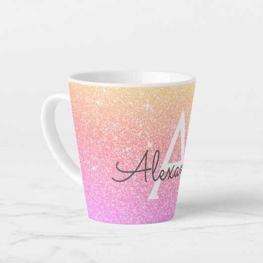 Paarse Roze Sparkle Glitter Monogram Naam Initiaal Latte Mok (Linkerhoek)