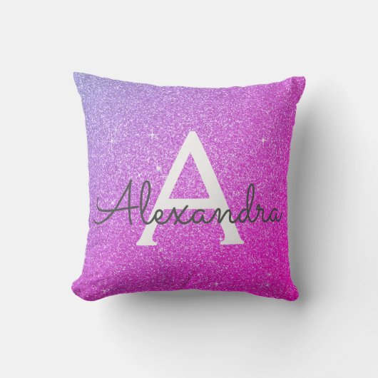 Paarse Roze Sparkle Glitter Monogram Naam Kussen (Voorkant)