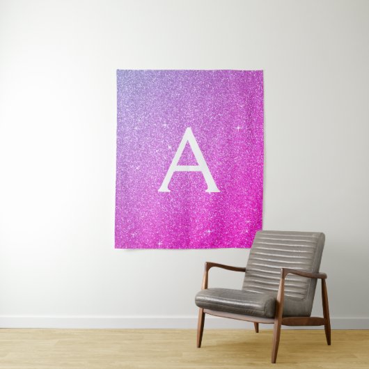 Paarse Roze Sparkle Glitter Monogram Tapestry Wandkleed (In situ)