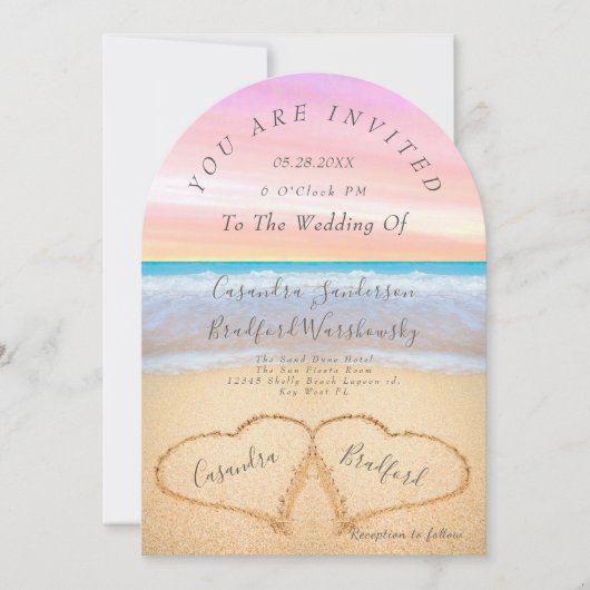 Paarse roze strand bruiloft 2 harten zand bruiloft kaart (Voorkant)
