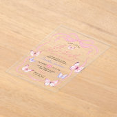 Paarse Roze Strik Vlinder Meisje Baby Shower Acryl Uitnodigingen (Laagn)