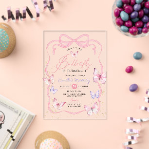 Paarse Roze Strik Vlinder Meisje Verjaardagsfeestj Acryl Uitnodigingen