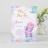 Paarse & Roze Tea Party Verjaardagsuitnodiging Kaart (Staand voorkant)