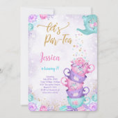 Paarse & Roze Tea Party Verjaardagsuitnodiging Kaart (Voorkant)