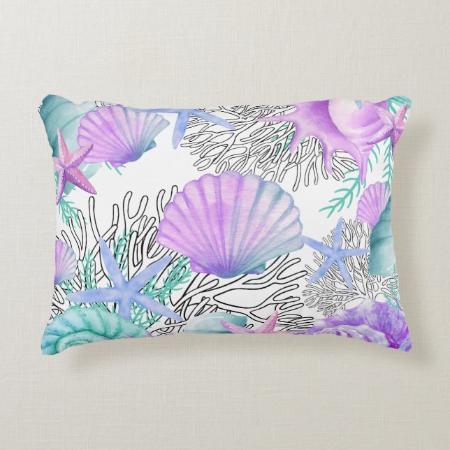 Paarse Roze Teal En Witte Schelpen Accent Kussen (Voorkant)